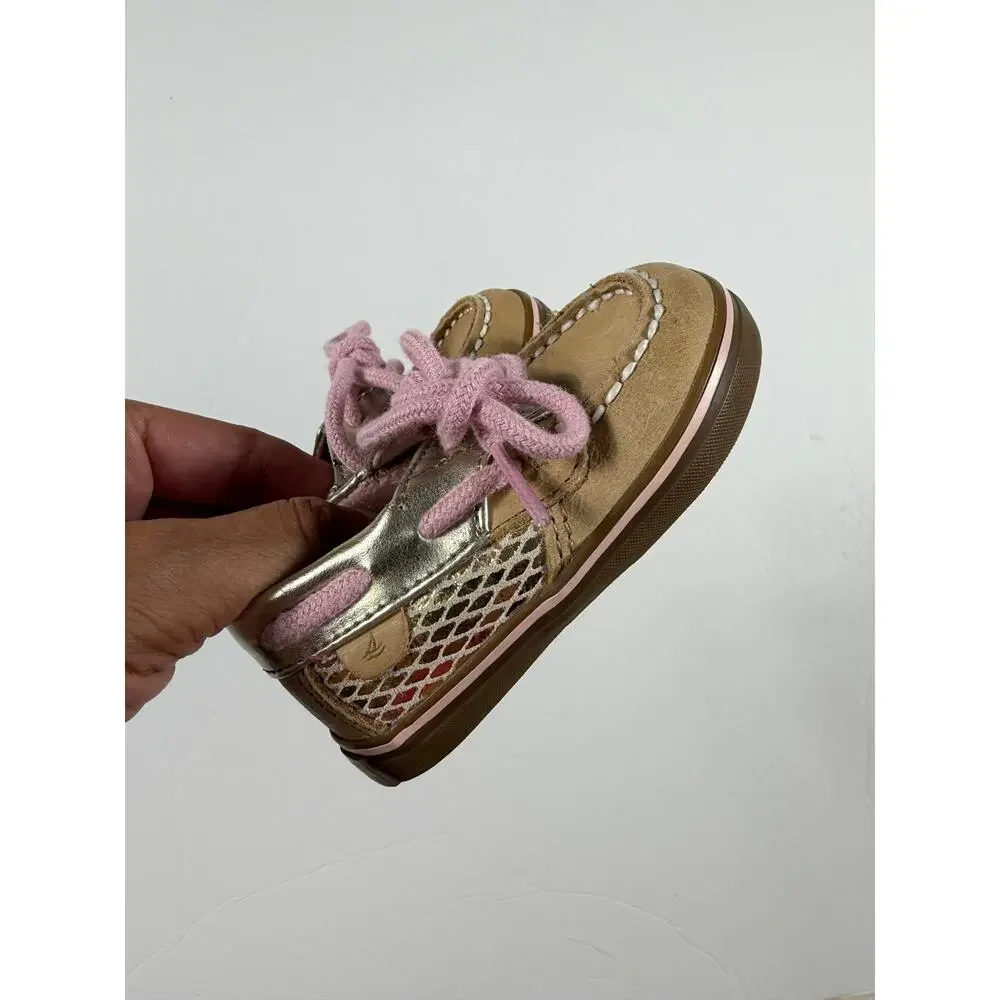 Sperry Bluefish Crib Boat Shoes Tan Metallic Gold Pink Baby Size 2